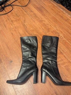 90's Nine West Classic Black Mid-Calf Women's Square Toe Leather Boots